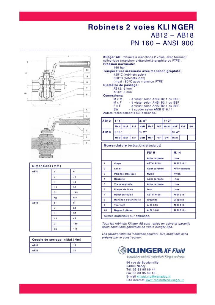 thumbnail of KLINGER ROBINET AB-Fiche technique